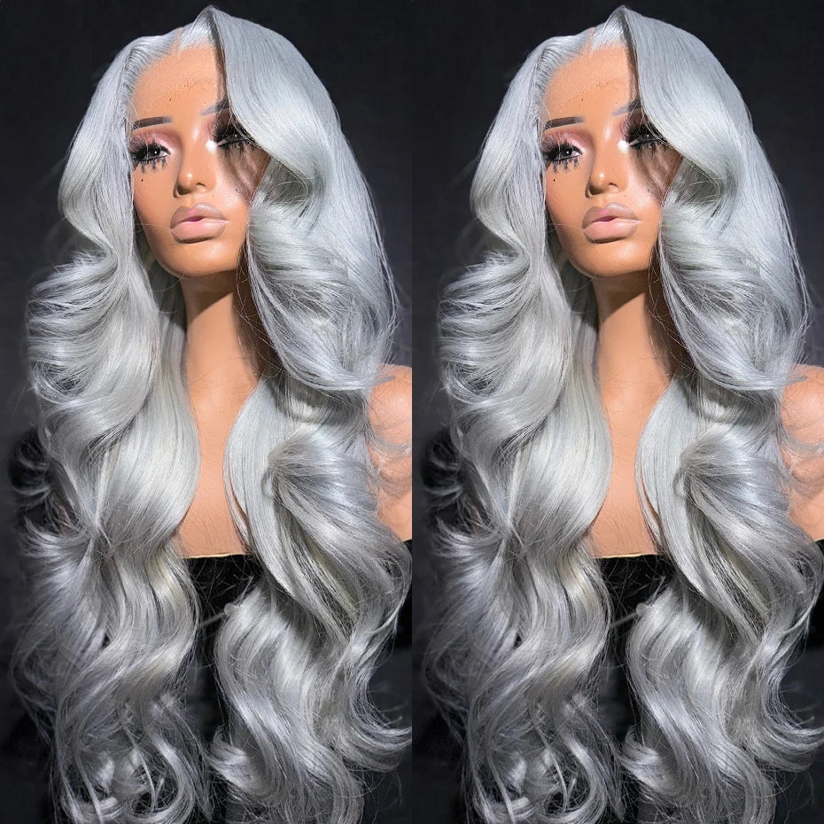Transparent 13x6 Silver Grey Body Wave Human Hair Lace Front Wig – Pre-Plucked, 250–300% Density, Long Remy Brazilian Hair