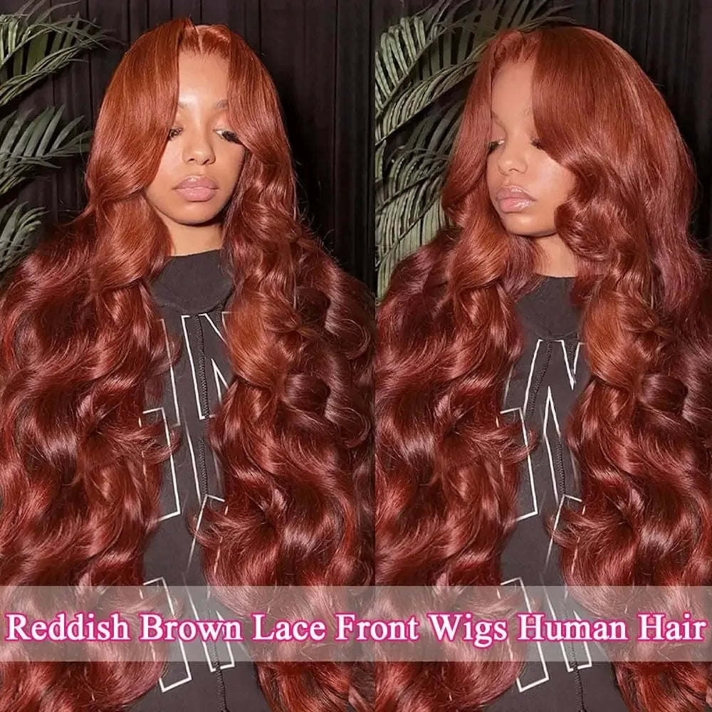 13x4 Reddish Brown Body Wave HD Transparent Lace Front Human Hair Wig #33