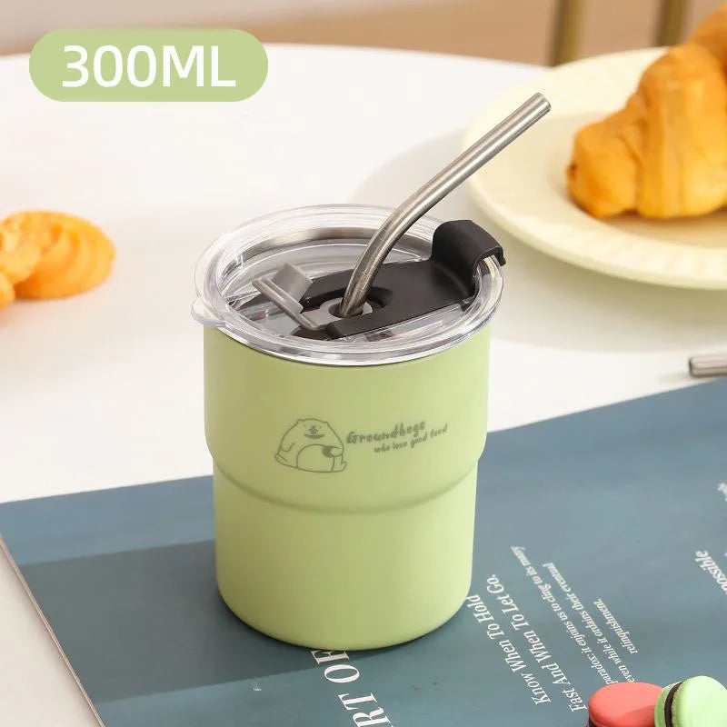 300ml Stainless Steel Tumbler with Straw & Lid – Portable Coffee Travel Mug