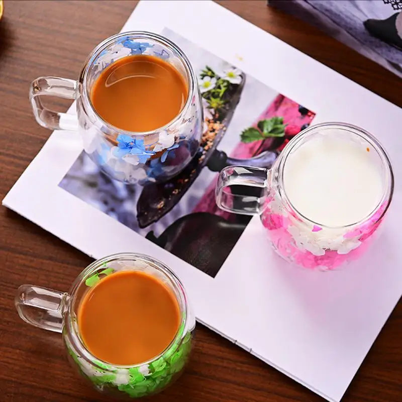 🌸 Double Wall Glass Cup 200ml – Clear Dried Flower Coffee & Tea Mug with Handle