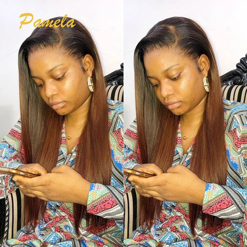 Double Drawn 13x6 HD Lace Frontal Bone Straight Ombre Brown Glueless Human Hair Wig