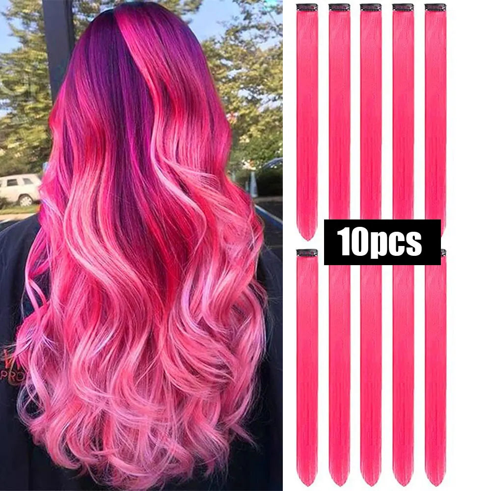 Colored Highlight Clip-In Hair Extensions | Synthetic Straight | 10pcs | Multi-Color | Party & Cosplay