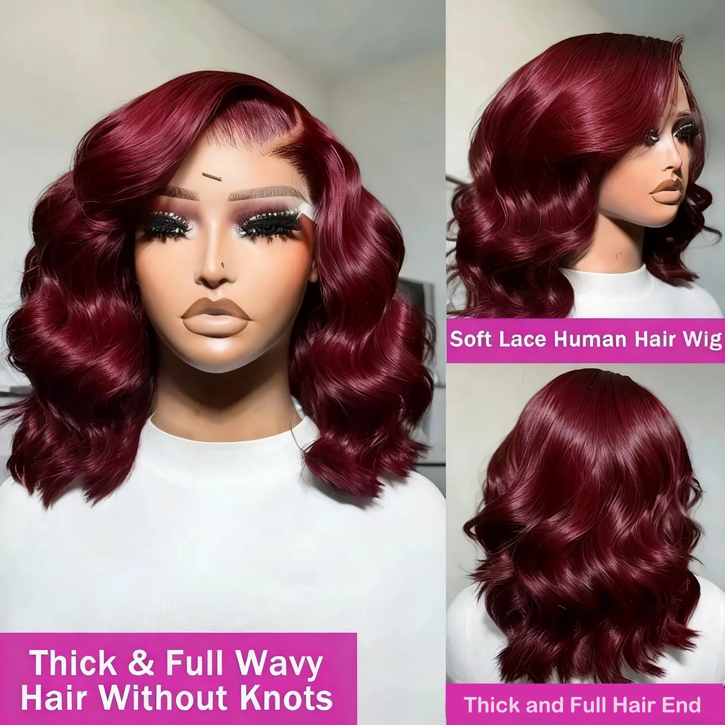 Brazilian 230% 99J Bouncy Curly Bob 13x4 HD Lace99J Burgundy Curly Bob 13x4 HD Lace Front Human Hair Wig (230% Density) Front Human Hair Wigs 99J Burgundy Body Wave Bob Wig Short Curly Human Hair Wig