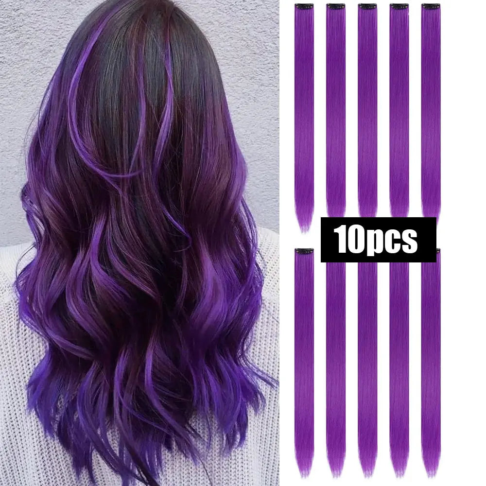 Colored Highlight Clip-In Hair Extensions | Synthetic Straight | 10pcs | Multi-Color | Party & Cosplay