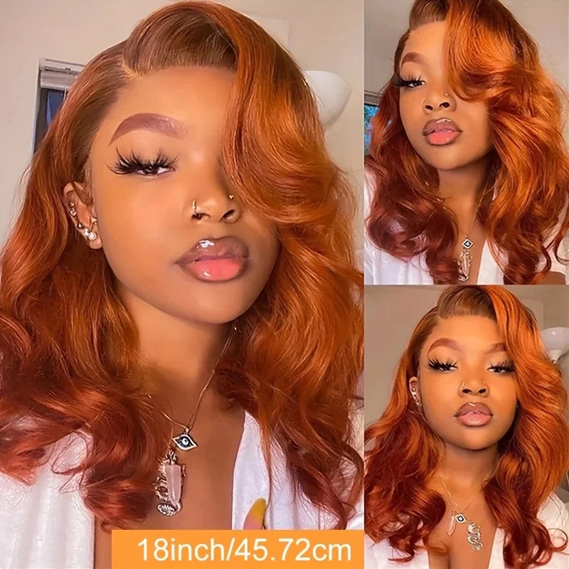 Ginger Orange Body Wave Bob Glueless 4x4 HD Lace Closure Remy Human Hair Wig (#350, Pre-Plucked)