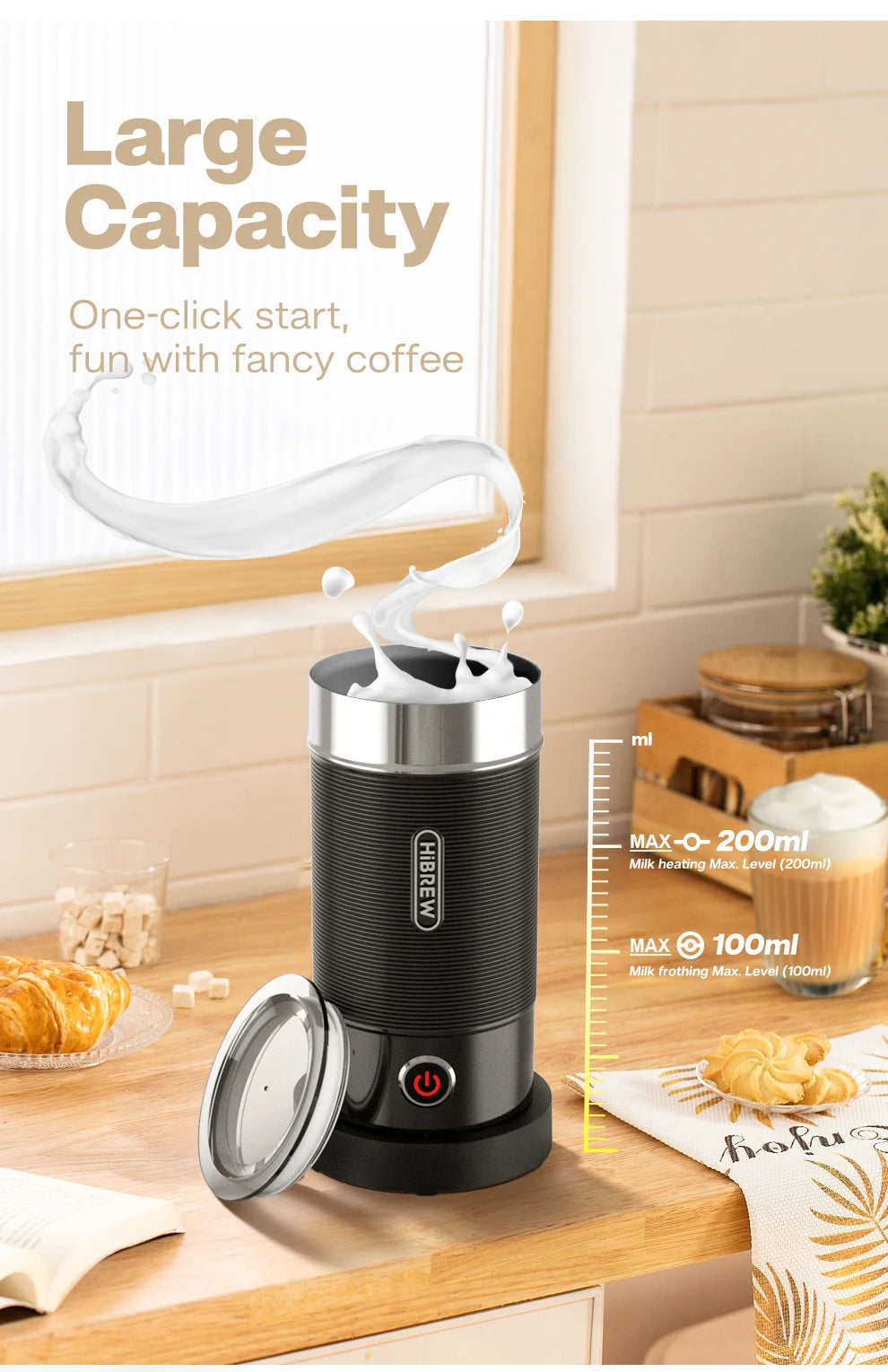 HiBREW M1A Milk Frother – Hot & Cold Electric Foam Maker for Latte, Cappuccino & Chocolate