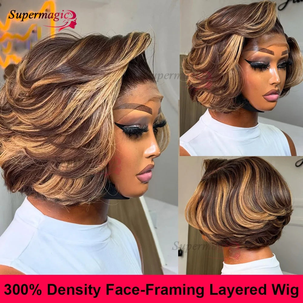13x4 Frontal Wig – Trendy Layered Highlight Piano Color Human Hair Bob Wig for Women