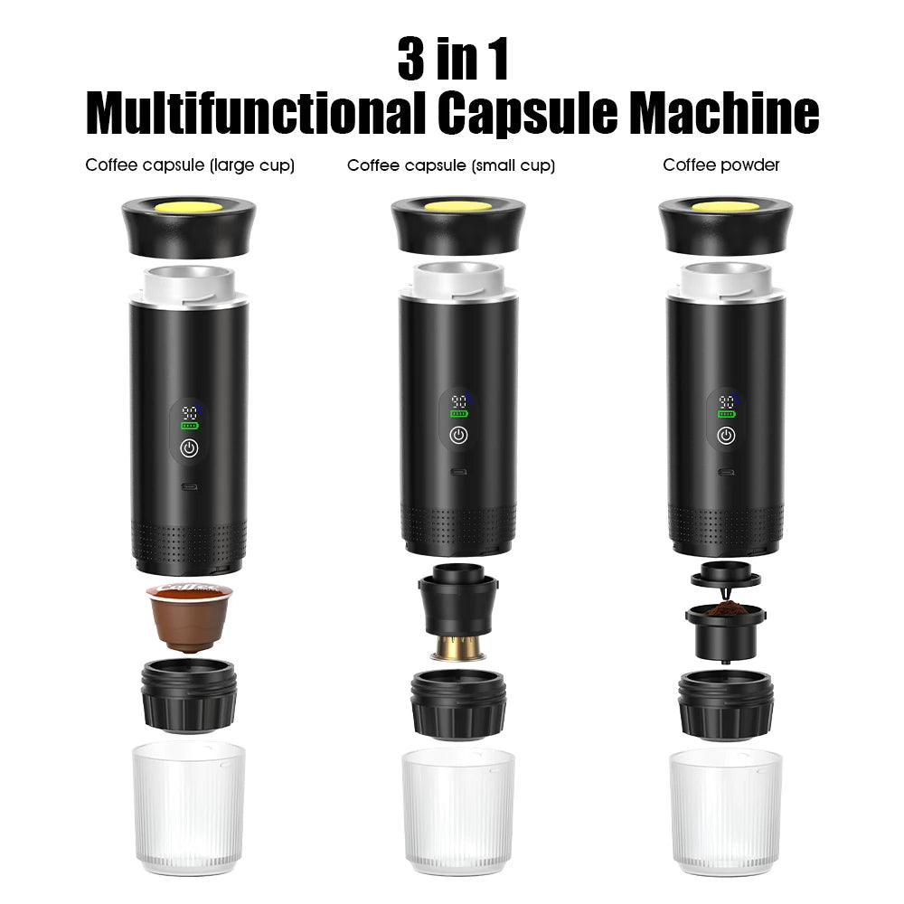 Portable 3-in-1 Espresso Coffee Maker — Digital Display Capsule Machine for Car, Home & Camping