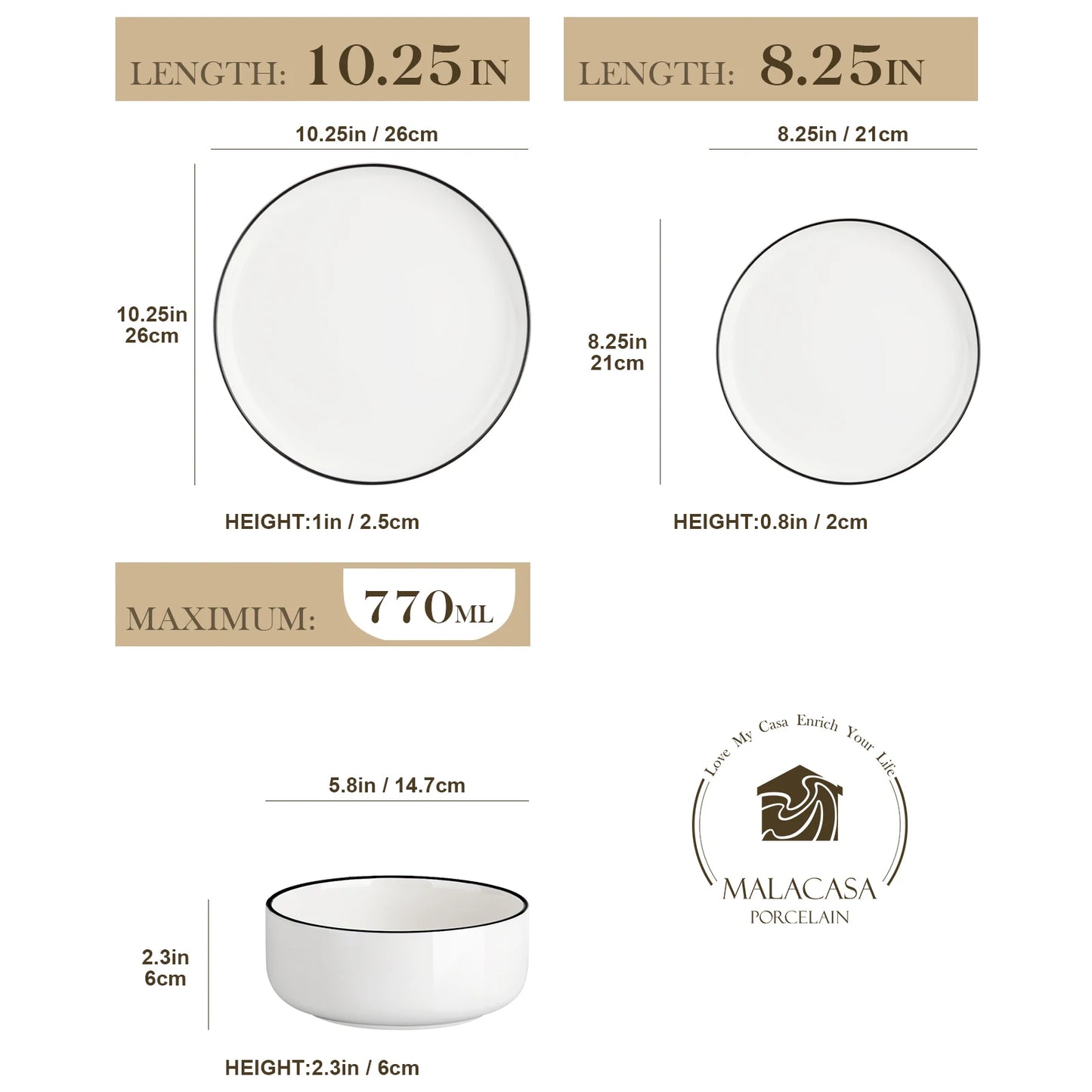 MALACASA 12/24-Piece Porcelain Dinnerware Set – Black Rim Ceramic Plates & Bowls for 4 Person Dining