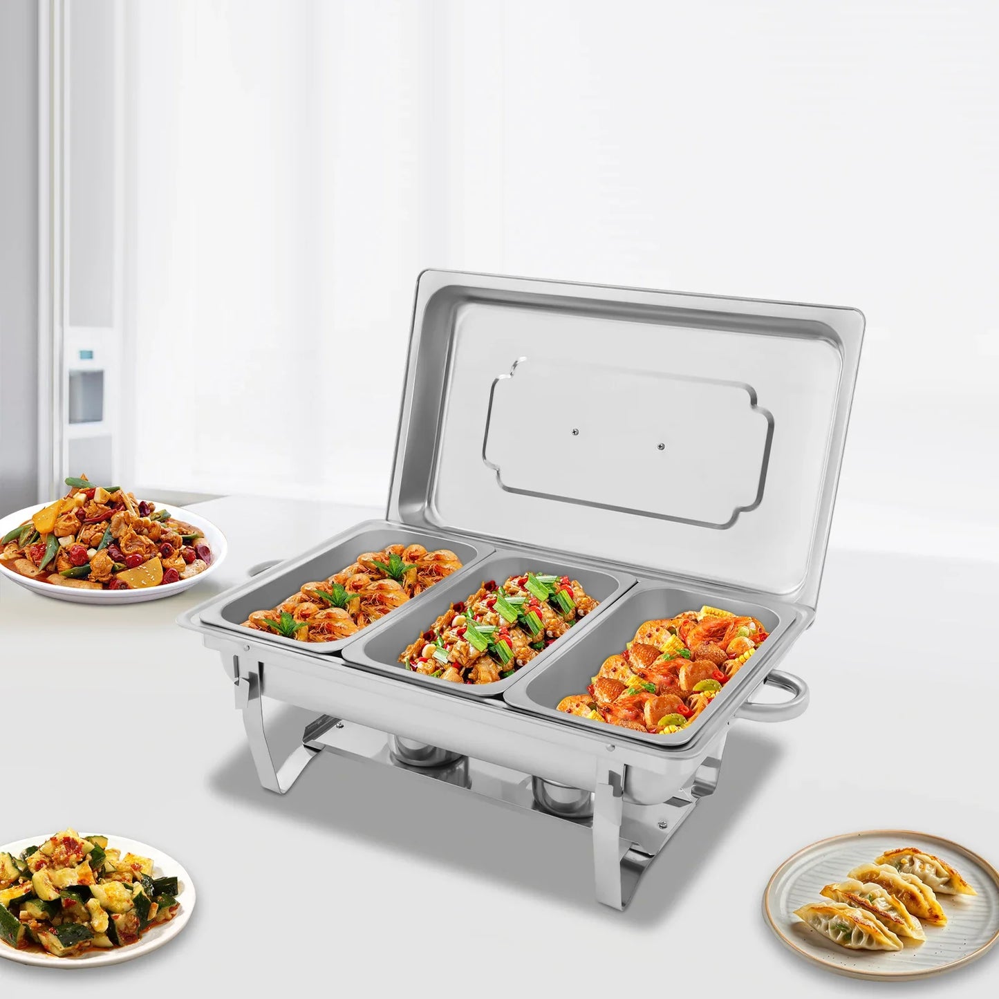 3-Compartment Chafing Dish Buffet Set | Stainless Steel Food Warmer with Lid & Heating Tray – 2.5L Each