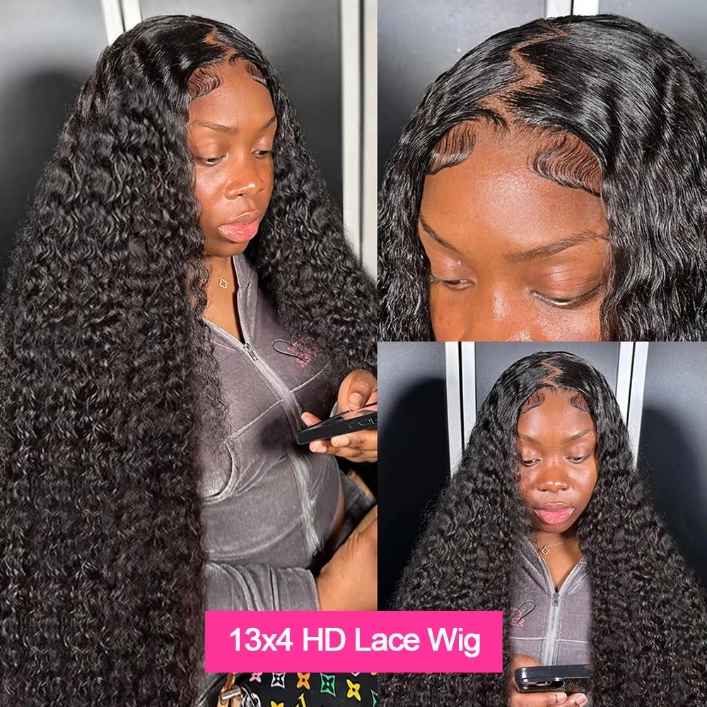 300% Density 40–46 Inch Deep Wave Lace Front Human Hair Wig | 13x6 HD Glueless Curly Wig