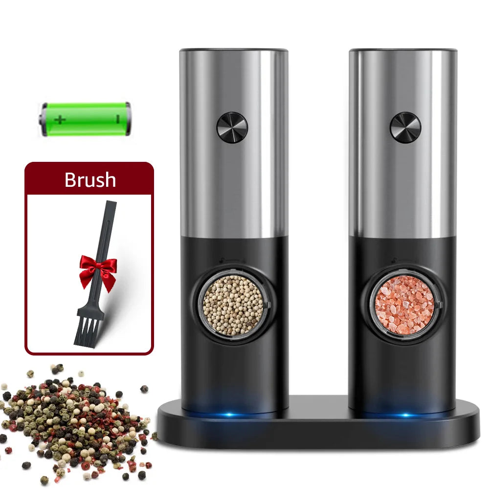 Electric Automatic Salt & Pepper Grinder Set with Base – Battery Powered, LED Light & Adjustable Coarseness