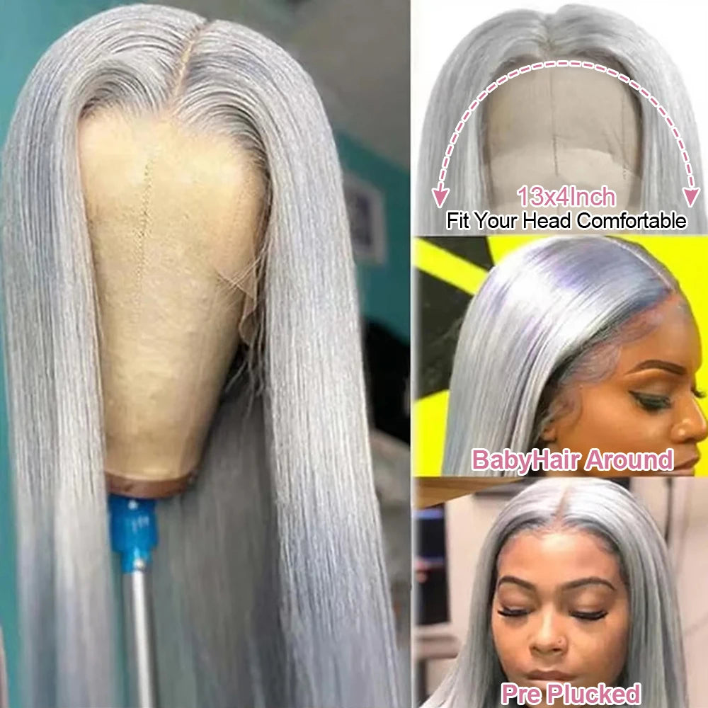 40” Silver Grey Straight HD Lace Front Human Hair Wig (13x6 / 13x4, Brazilian Remy, Pre-Plucked)