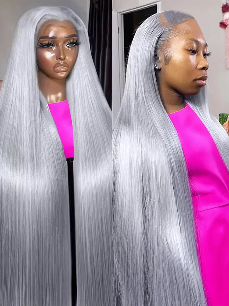 40” Silver Grey Straight HD Lace Front Human Hair Wig (13x6 / 13x4, Brazilian Remy, Pre-Plucked)