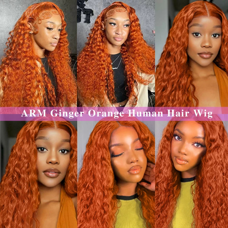 Ginger Orange Water Wave Colored Human Hair Wig · Transparent Lace Front · 26+ Inch