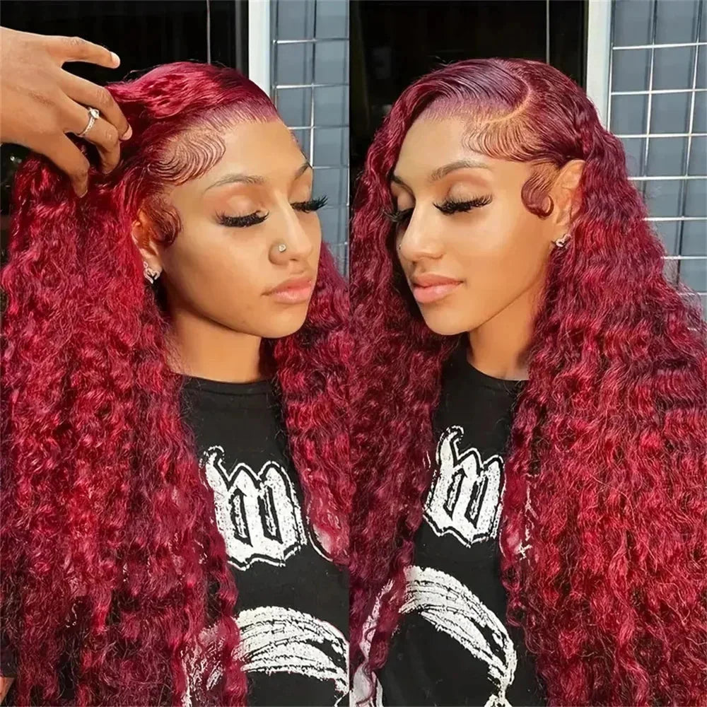 99J Burgundy Deep Wave Lace Frontal Human Hair Wig – 30 Inch HD Transparent Lace