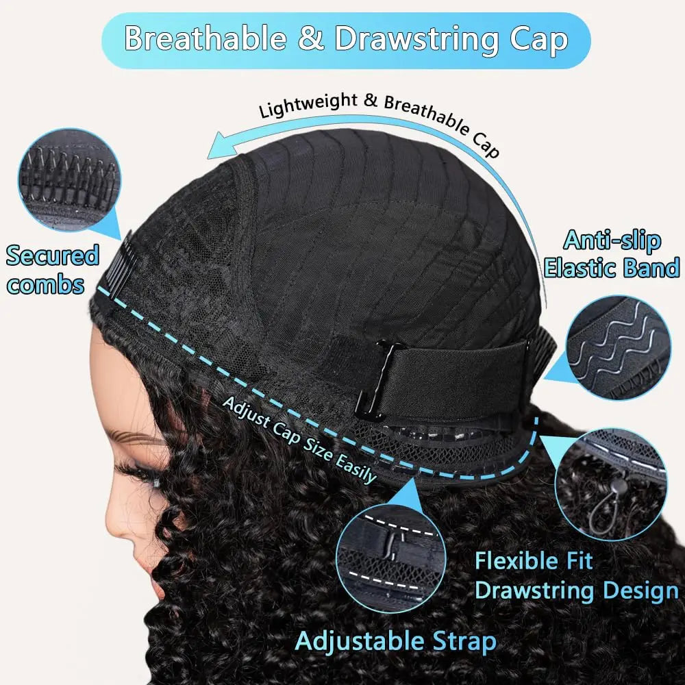 Kinky Curly Half Wig 200% Density Human Hair Clip-In Glueless Wig