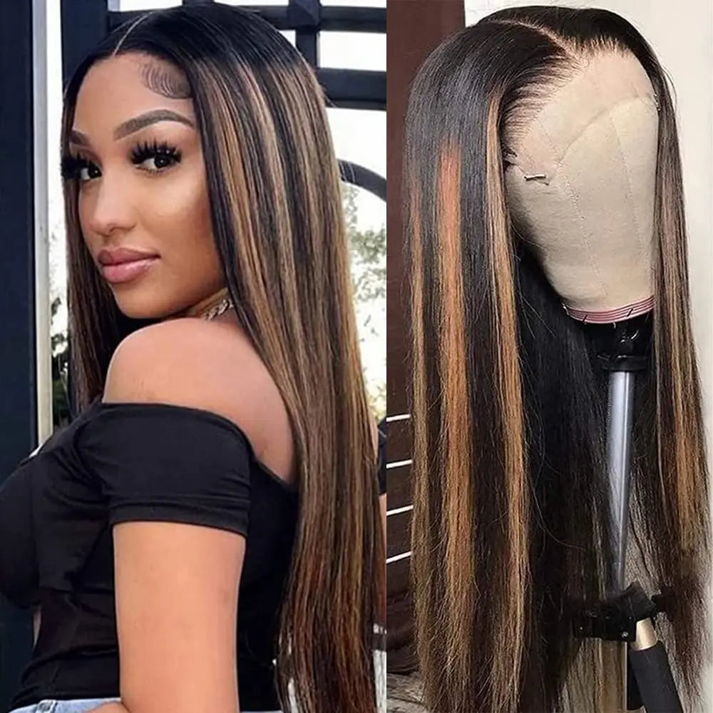200% Density Bone Straight Highlight Lace Front Human Hair Wig 13x6 HD