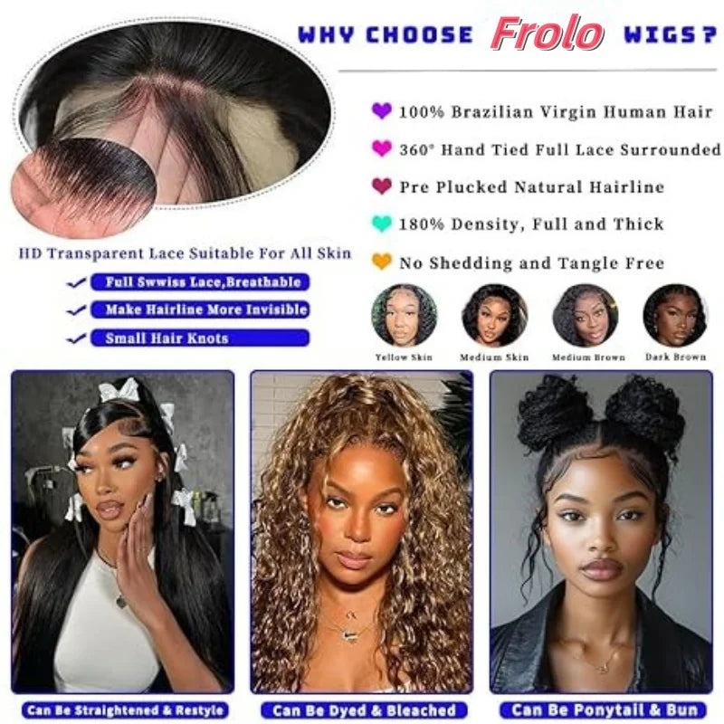 Frolo 360 Full Lace Invisible Drawstring Deep Wave Curly Human Hair Wig (13x4 HD Lace, 220 Density, Brazilian Remy)
