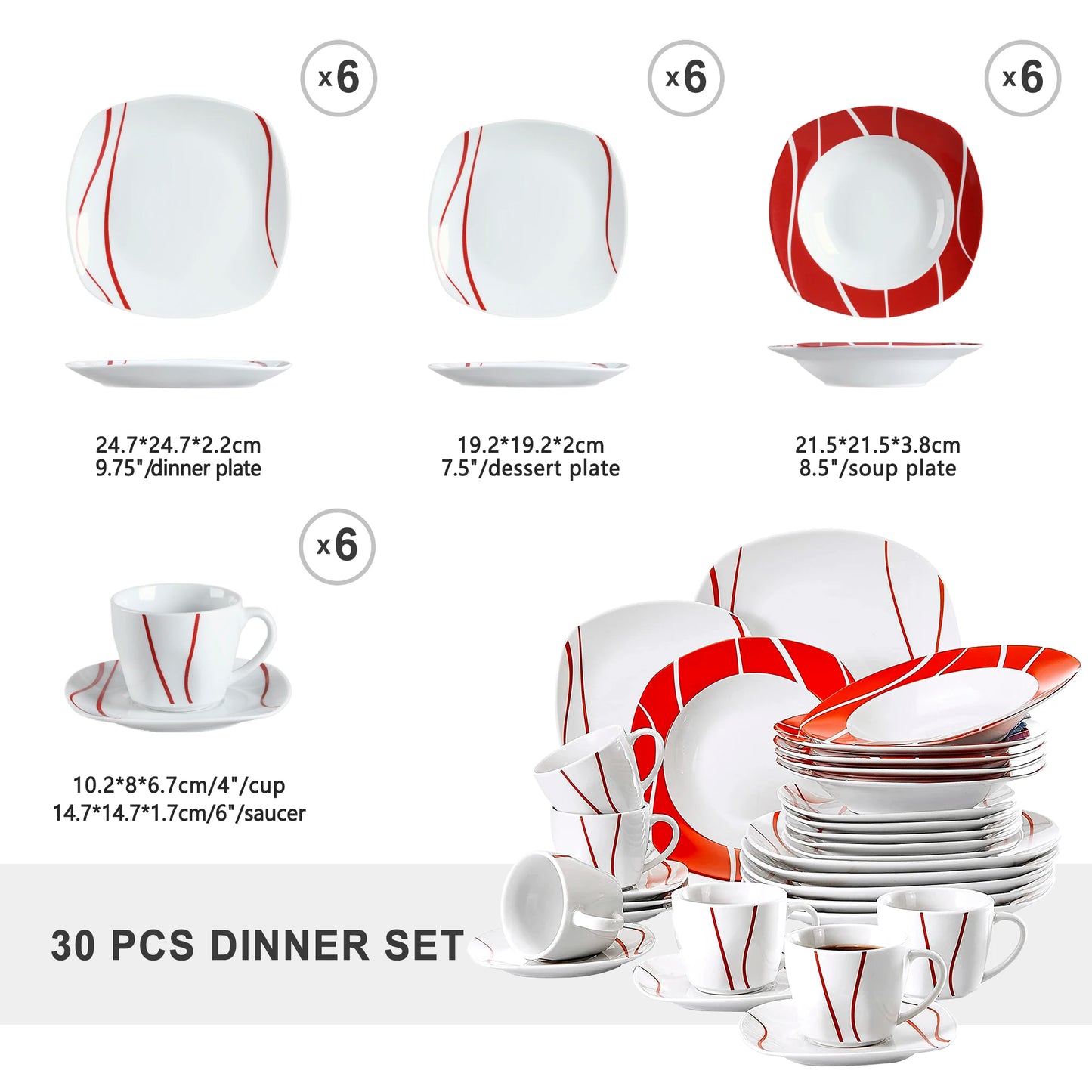 MALACASA Felisa 30-Piece Red Stripe Porcelain Dinner Set, Elegant Ivory Tableware for 6
