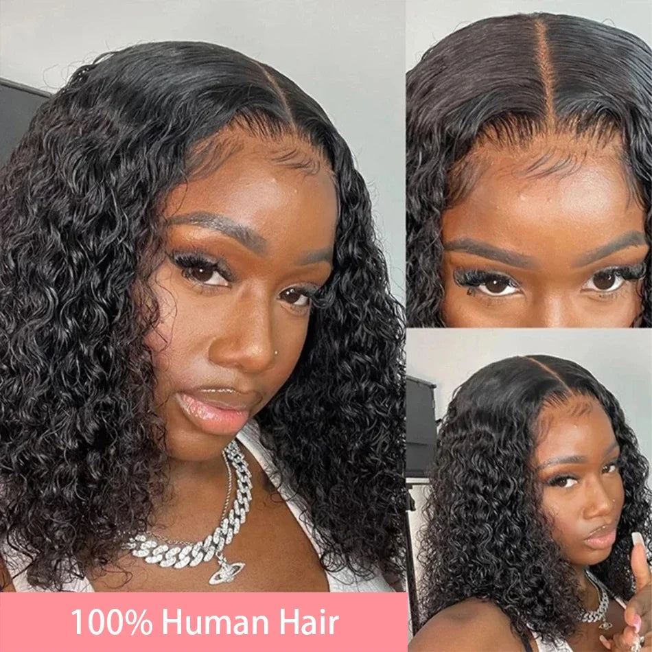 200 Density Short Curly Bob Deep Water Wave Wigs 100% Human Hair 13x4 Transparent Lace Frontal Wig 4x4 Lace Front Wig 14 16 Inch