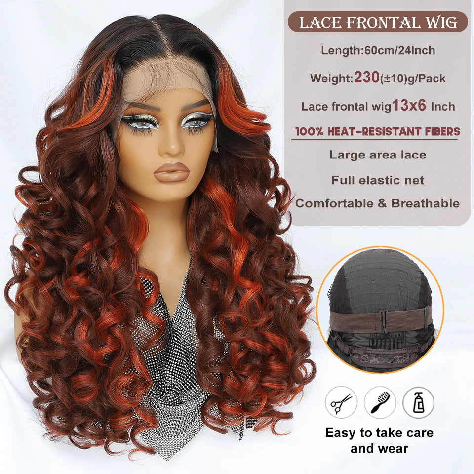 Latisha 13x6 Lace Front Wig – Curly Highlight Synthetic Wig with Baby Hair, 24 Inch Heat-Resistant Fiber