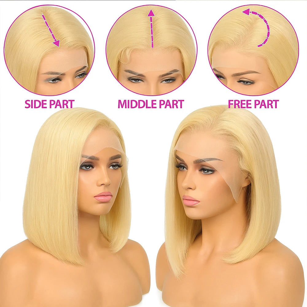 13x4 Blonde HD Transparent Lace Front Wig – 613 Short Straight Bob Human Hair Wig for Women