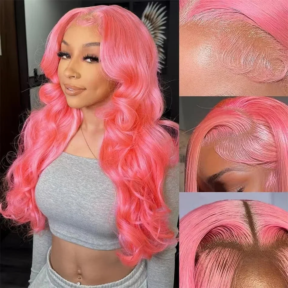 Light Pink 34–36” Body Wave HD Lace Front Human Hair Wig – Pre-Plucked, Transparent Lace, 100% Brazilian Human Hair