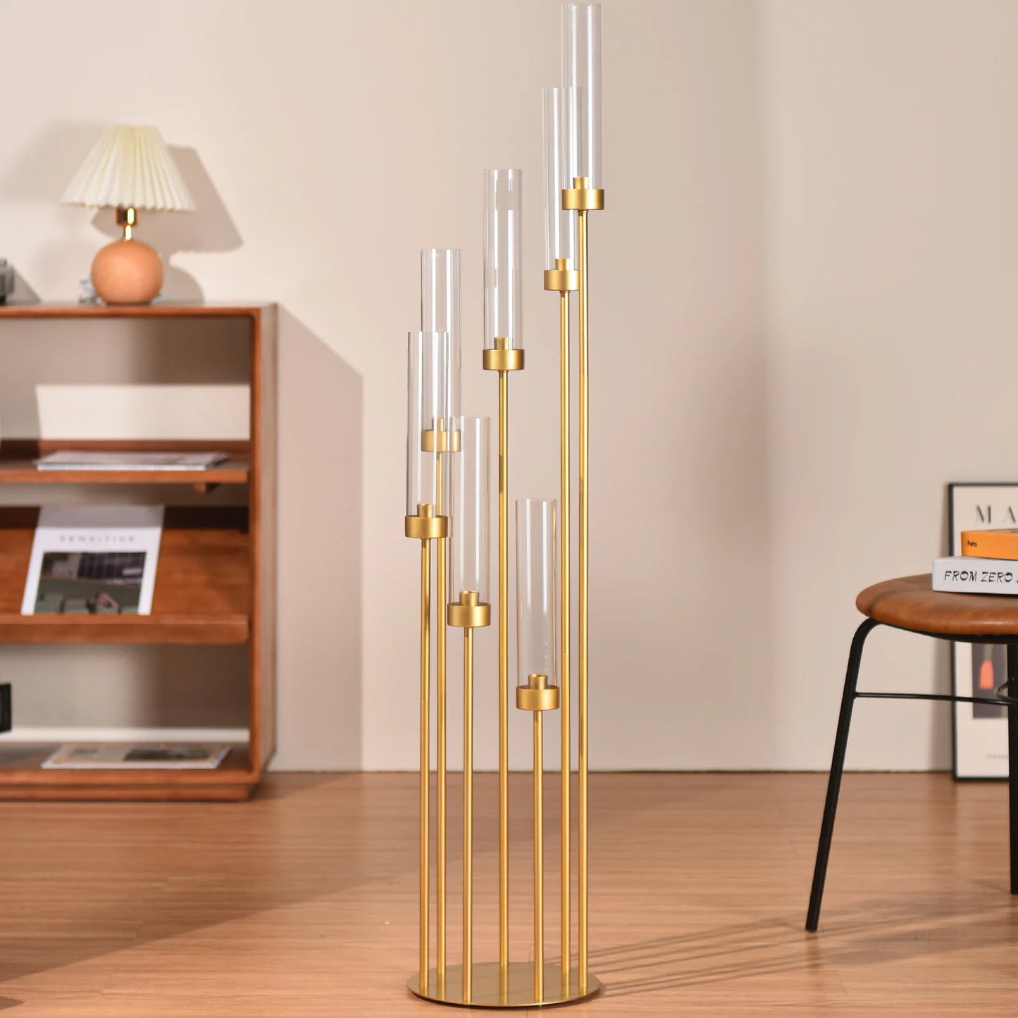 4 Sets 7-Arms Gold Floor Candelabra – 48” Tall Metal Candle Holders with Acrylic Lampshades for Wedding & Home Décor