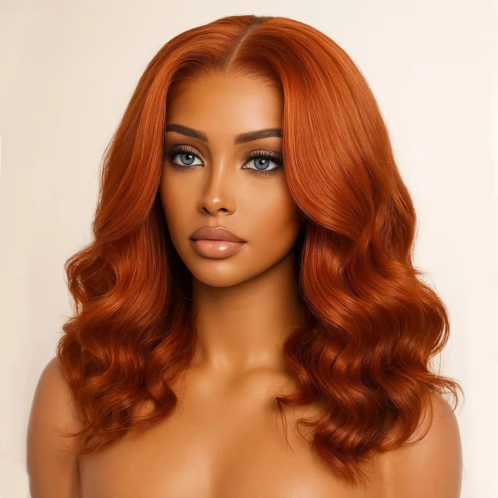 Ginger Orange Body Wave Bob Glueless 4x4 HD Lace Closure Remy Human Hair Wig (#350, Pre-Plucked)