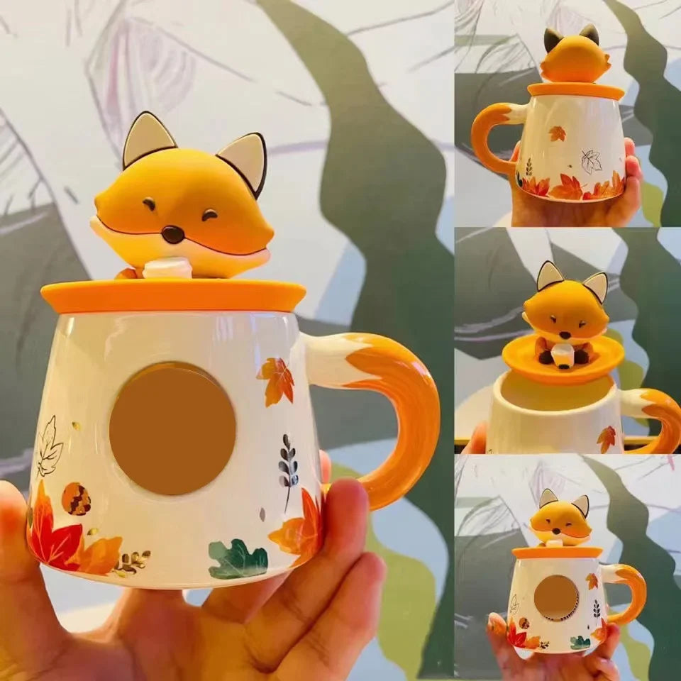 Autumn Forest Animal Ceramic Mug with Lid – Cute Fox, Rabbit & Squirrel Cup