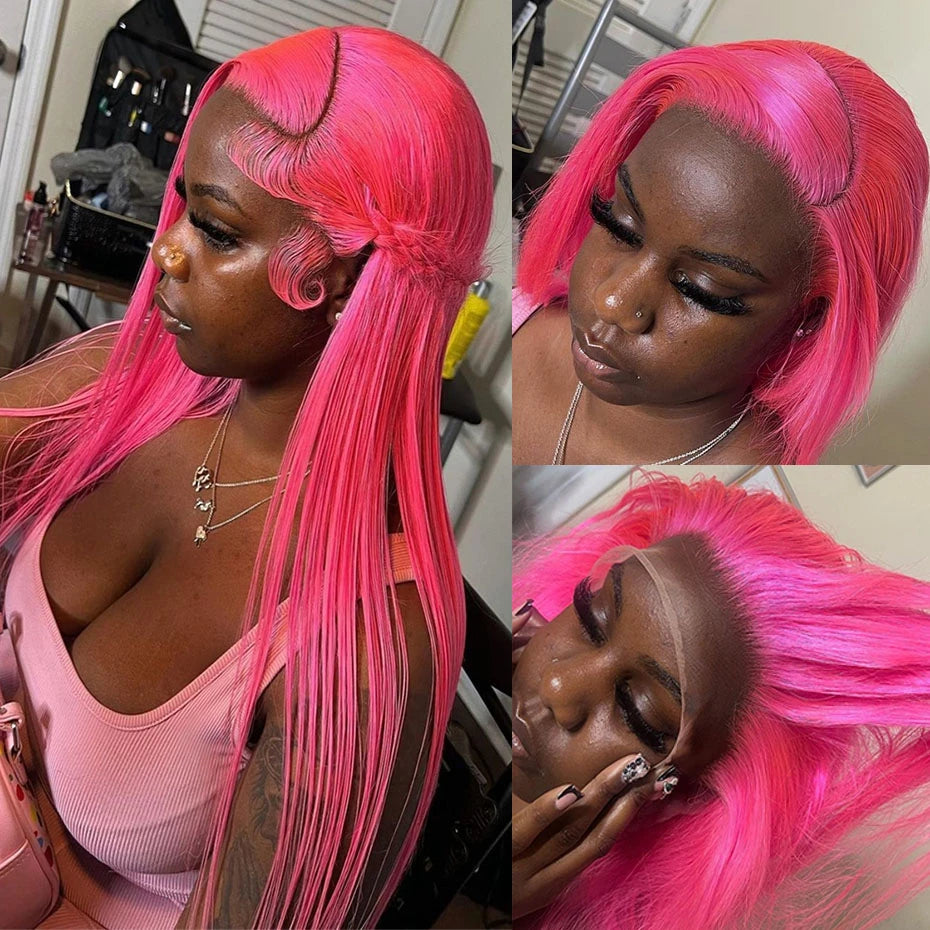 Pink HD Straight Lace Front Human Hair Wig 13x6 – Pre Plucked Baby Hair, 180% Density