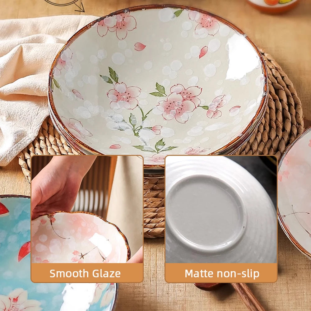 Japanese Floral Ceramic Plates – Handcrafted Round Deep Dinner Dishes for Home, Café & Restaurant Use