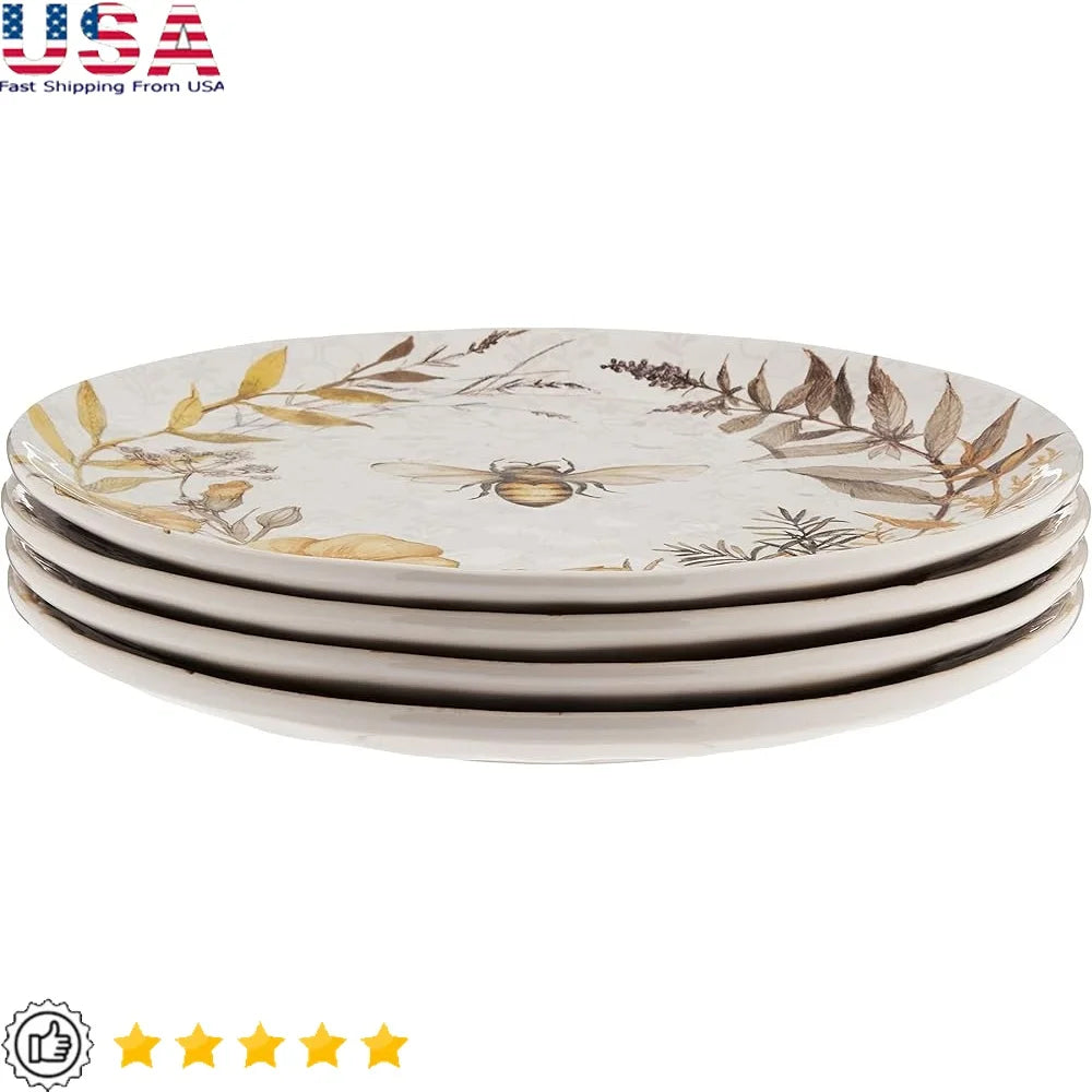 Floral Bee Ceramic Dinner Plates Set of 4 – 10.75" Nature-Inspired Tableware, Dishwasher Safe