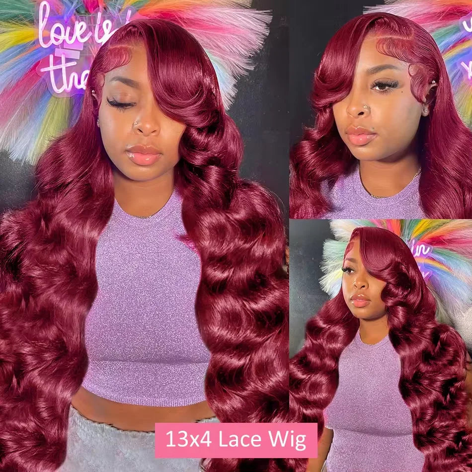 99J Burgundy Body Wave Lace Front Human Hair Wig – 200% Density, 13x4 / 13x6 HD Transparent Lace