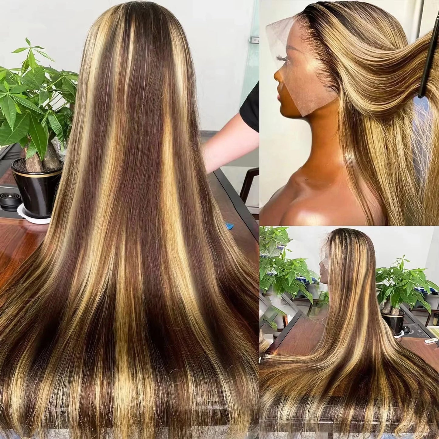 4/27 Highlight Straight HD Lace Front Wig – 38 Inch Long Human Hair, 200% Density Brazilian Wig