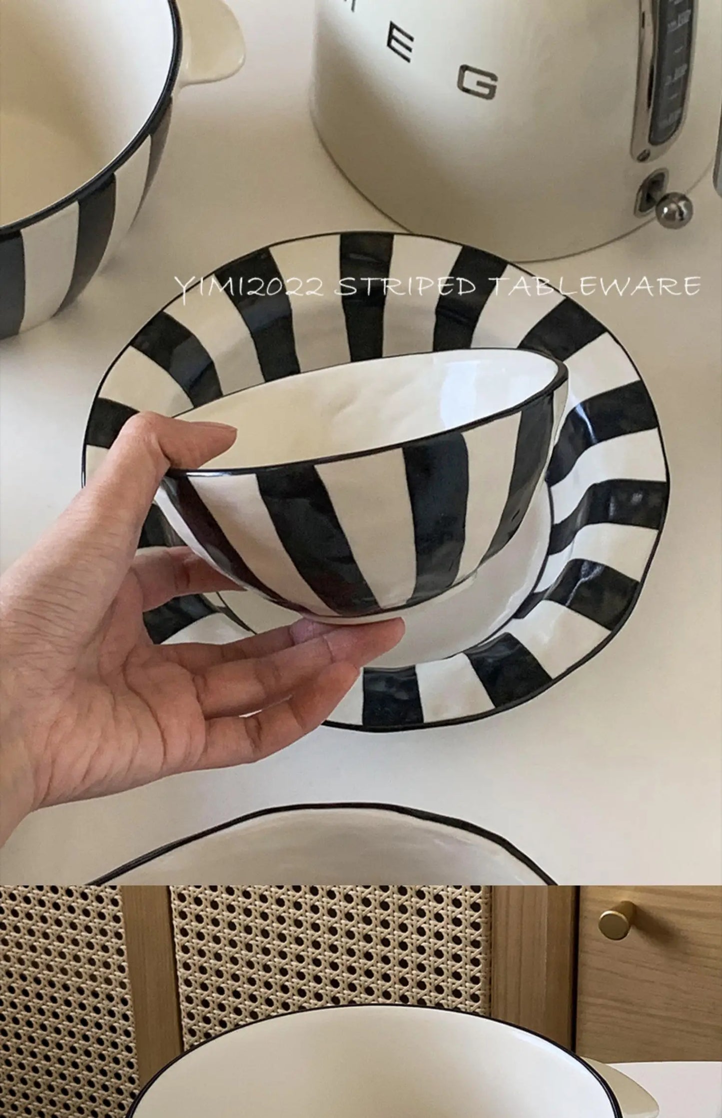 Ins Style Striped Ceramic Bowl – Handcrafted Black & White Tableware for Breakfast, Noodles, Fruits & Desserts