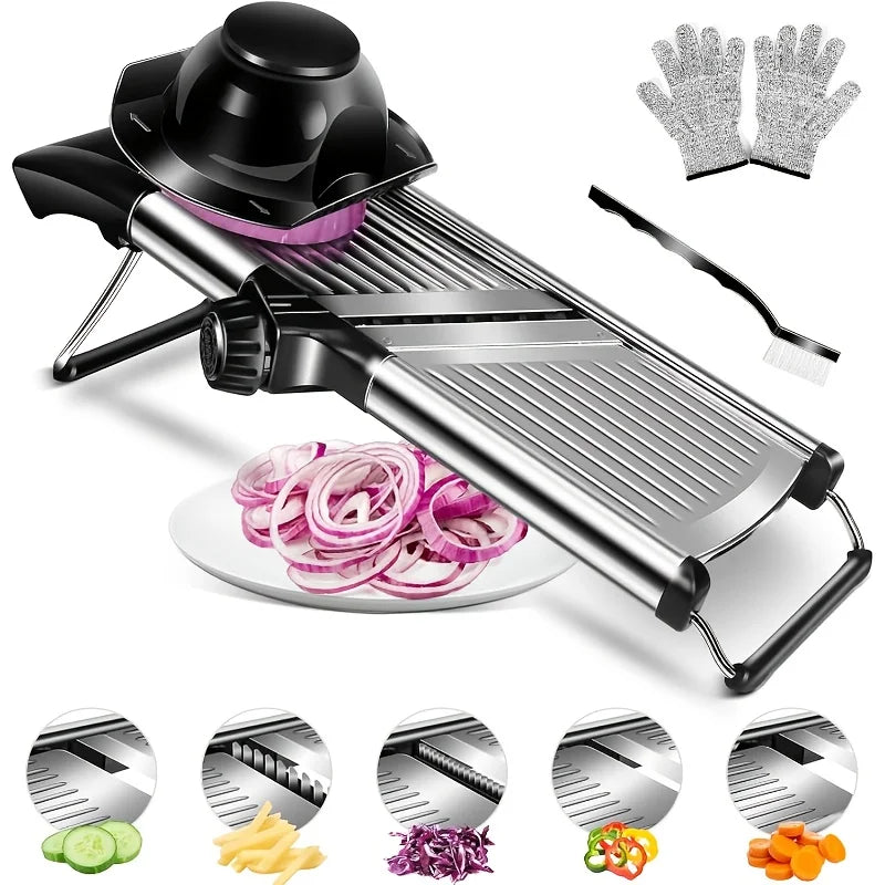 Stainless Steel Mandoline Slicer – 5 Blades, Safe Hand Guard & Easy-Clean Food Chopper