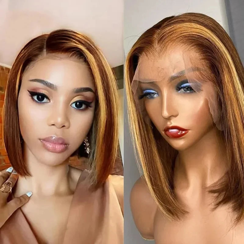 4/27 Ombre Highlight Straight Bob Human Hair Wig 13x4 Transparent Lace Front (Remy, Pre-Plucked)