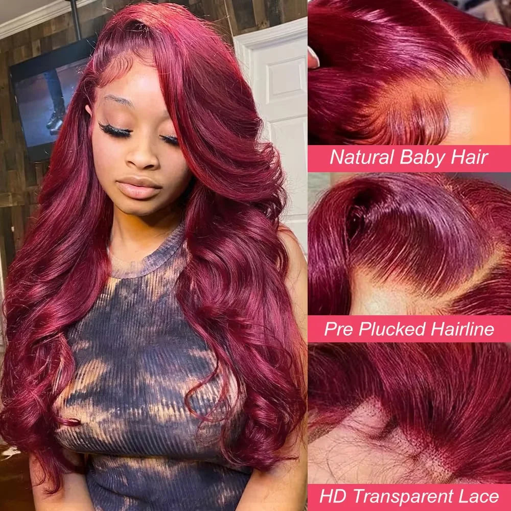 Fuduete 99J Burgundy Body Wave HD Lace Front Wig | Brazilian Remy Human Hair | Transparent Lace