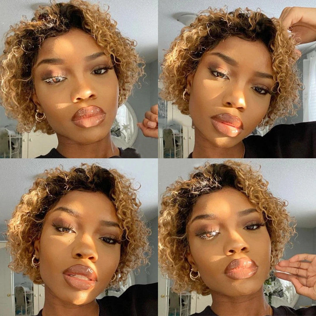 99J Burgundy Highlight Short Curly Pixie Cut Human Hair Lace Front Wig – Pre-Plucked 13×2 Bob Style