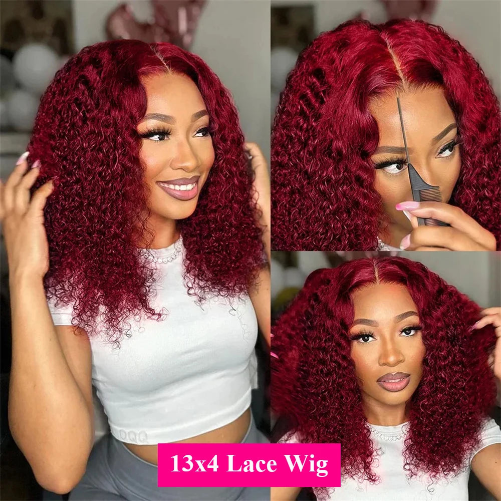 99J Burgundy Water Wave Bob 13x4 Transparent Lace Front Remy Brazilian Human Hair Wig (Short)