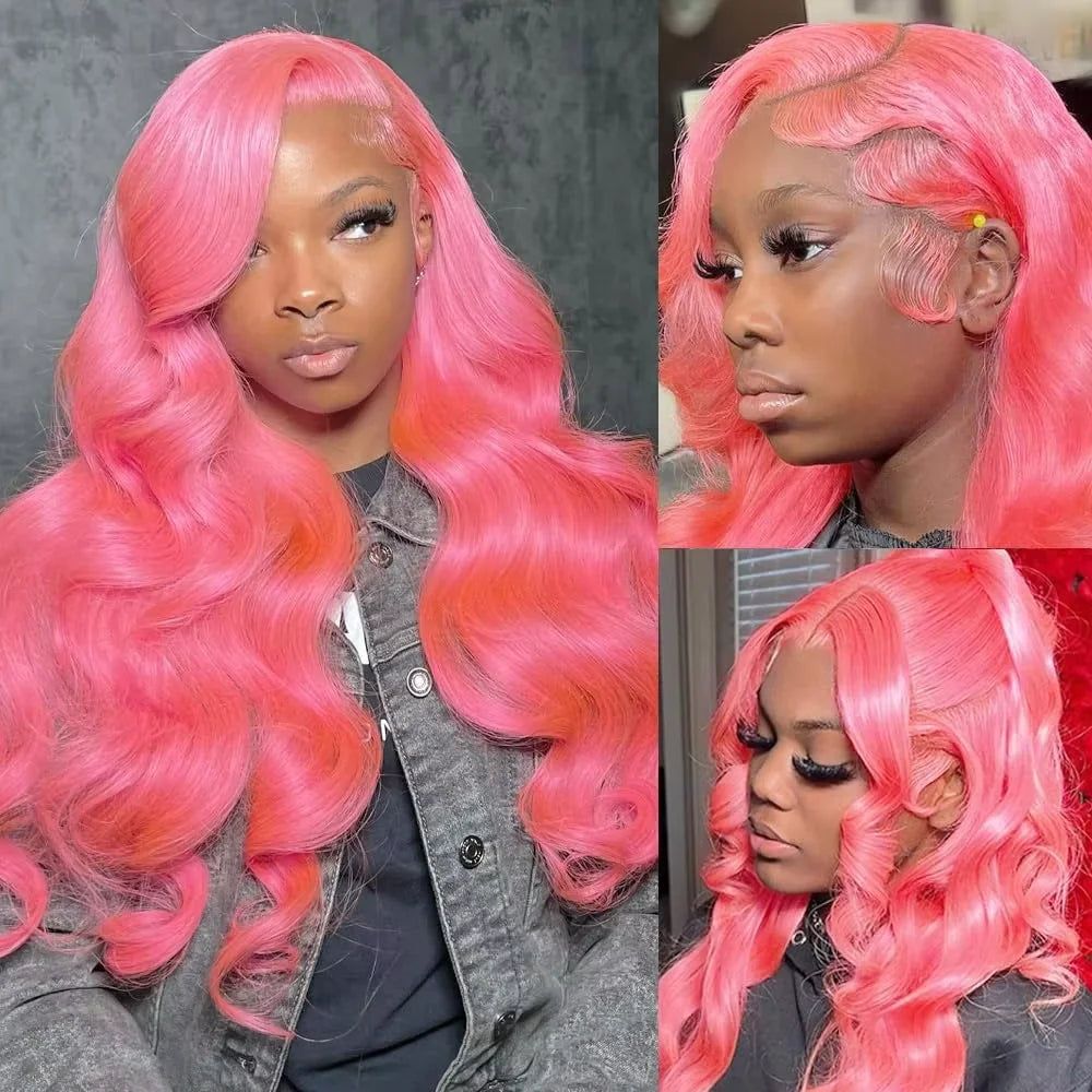 Light Pink 34–36” Body Wave HD Lace Front Human Hair Wig – Pre-Plucked, Transparent Lace, 100% Brazilian Human Hair