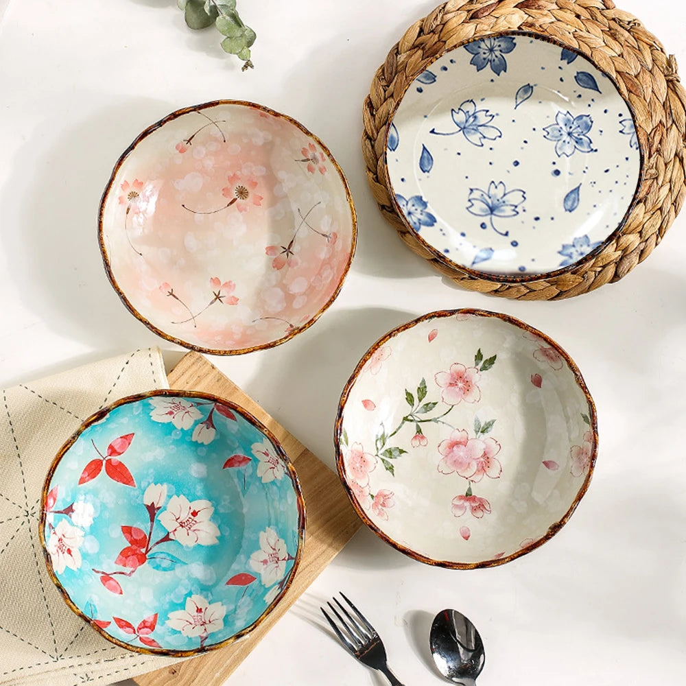 Japanese Floral Ceramic Plates – Handcrafted Round Deep Dinner Dishes for Home, Café & Restaurant Use