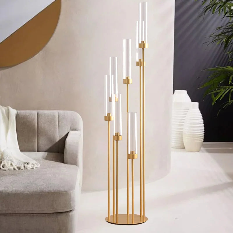 4 Sets 7-Arms Gold Floor Candelabra – 48” Tall Metal Candle Holders with Acrylic Lampshades for Wedding & Home Décor