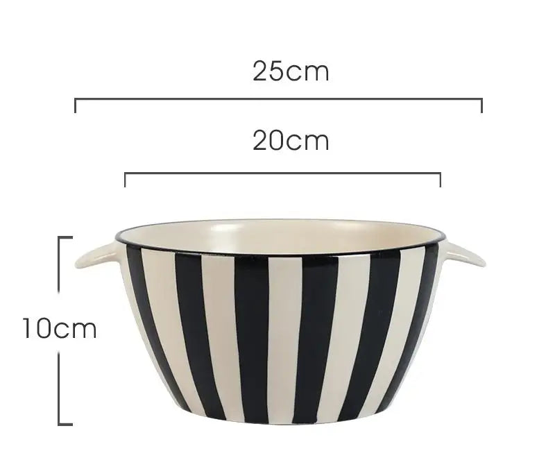 Ins Style Striped Ceramic Bowl – Handcrafted Black & White Tableware for Breakfast, Noodles, Fruits & Desserts