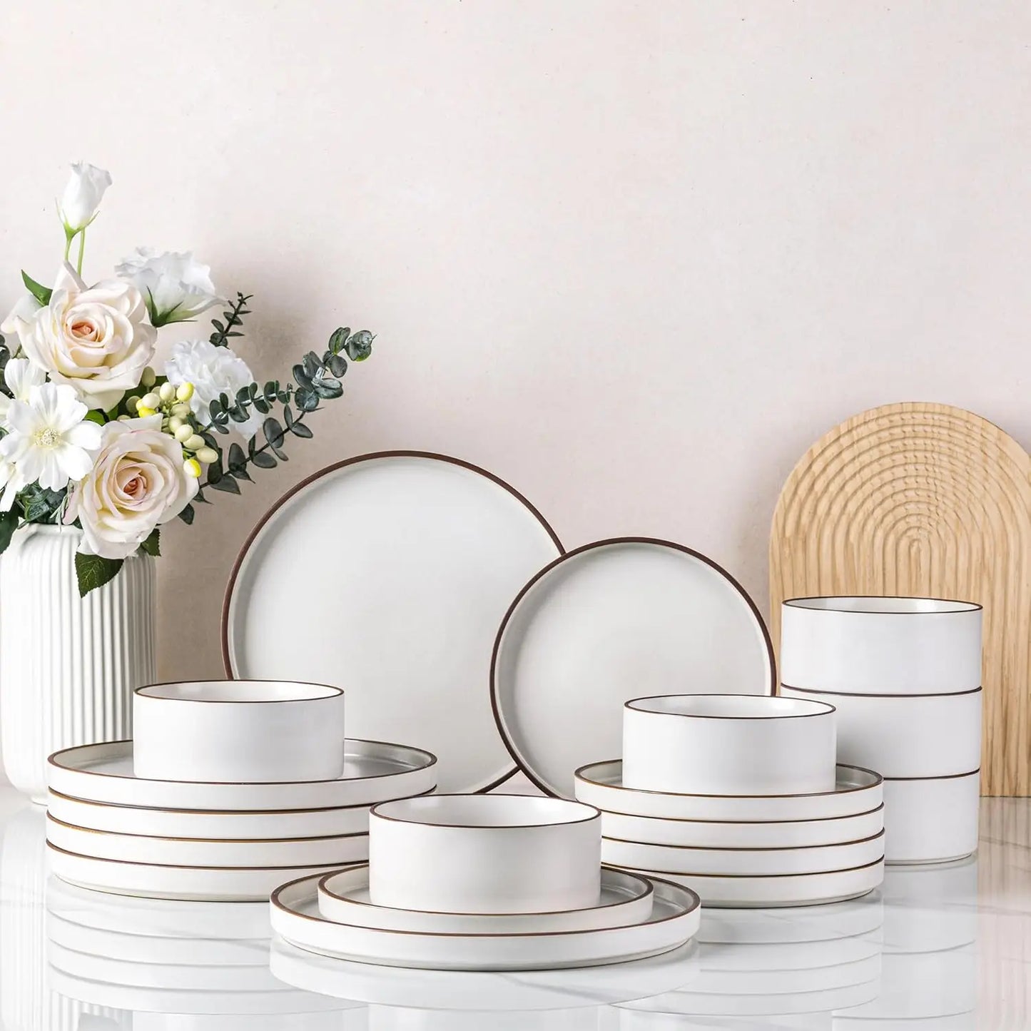 LeRatio 24-Piece Ceramic Dinnerware Set for 6 | High-Edge Stoneware Plates & Bowls, Oven & Dishwasher Safe