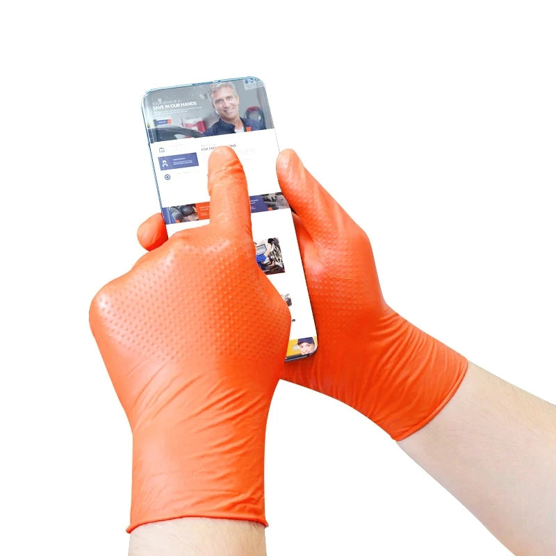 Heavy Duty 8Mil Orange Nitrile Gloves – Industrial Disposable Work Gloves with Diamond Grip for Mechanics & Cleaningg