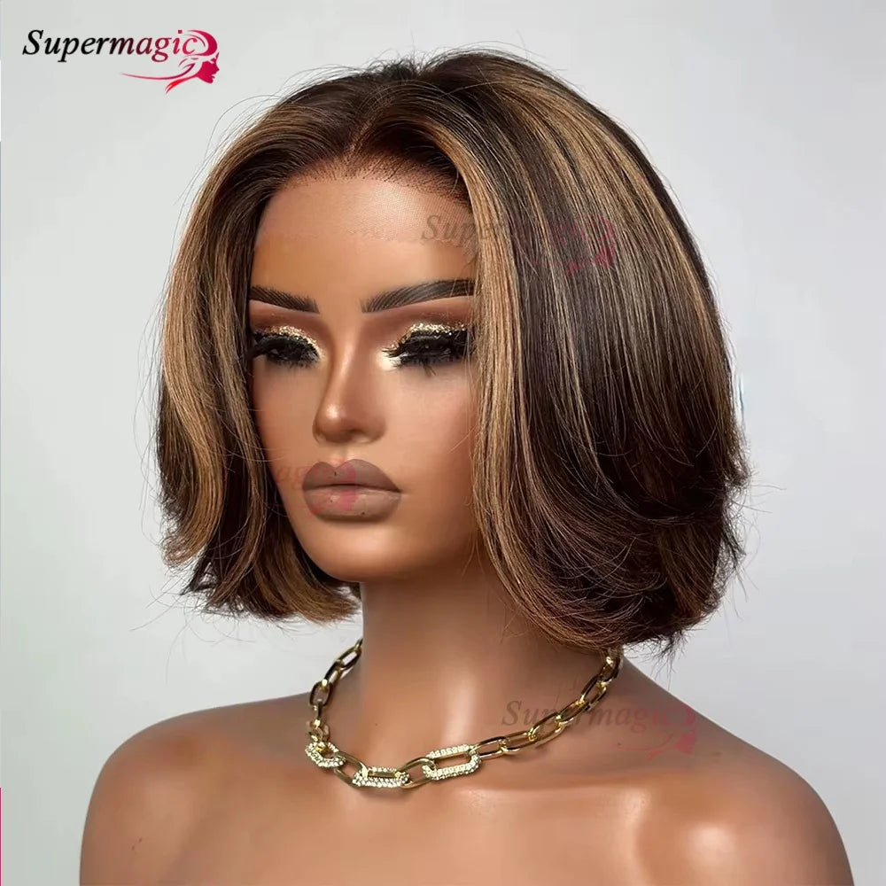 13x4 Frontal Wig – Trendy Layered Highlight Piano Color Human Hair Bob Wig for Women