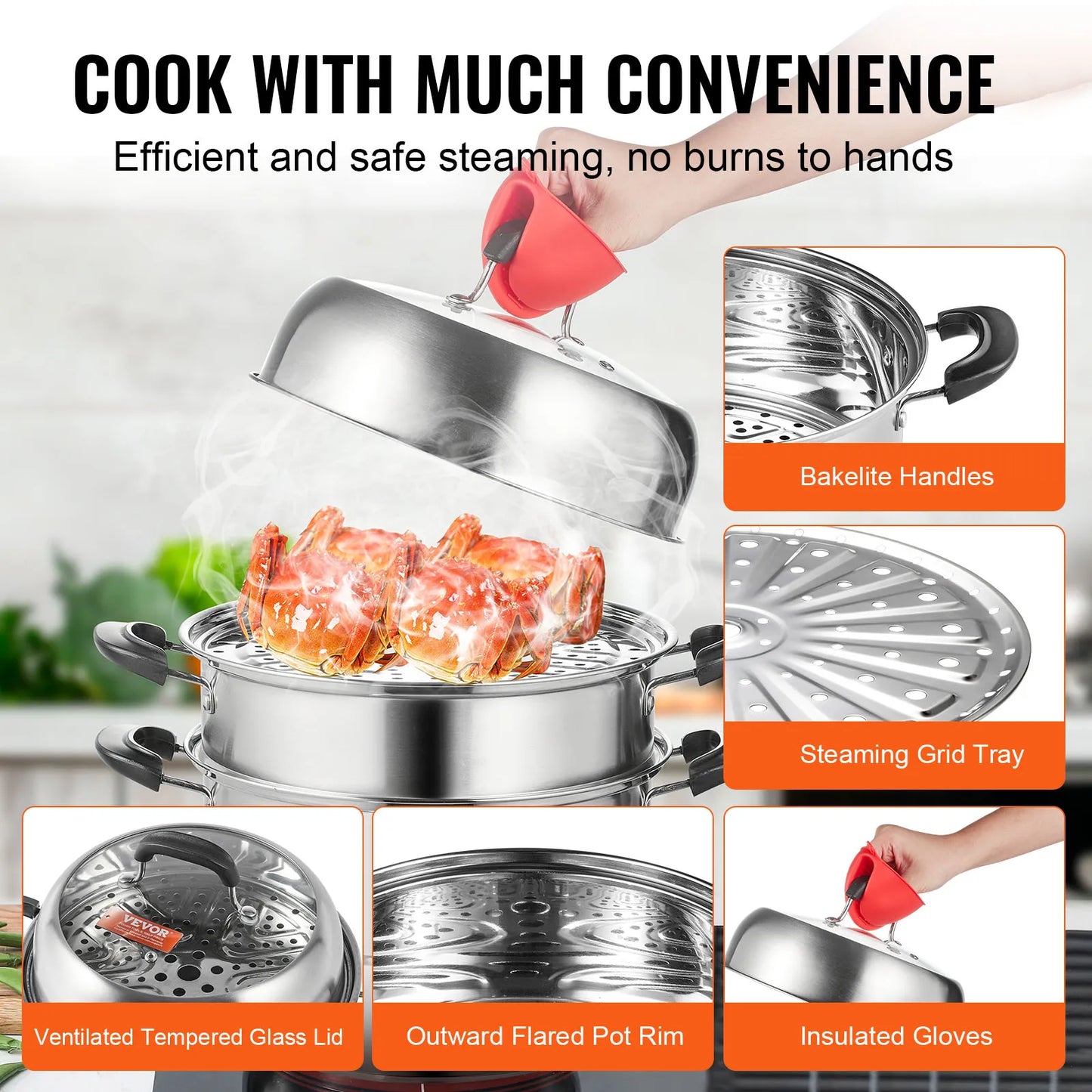 SucceBuy 3-Tier Stainless Steel Steamer Pot 28cm – 8.5QT Cookware